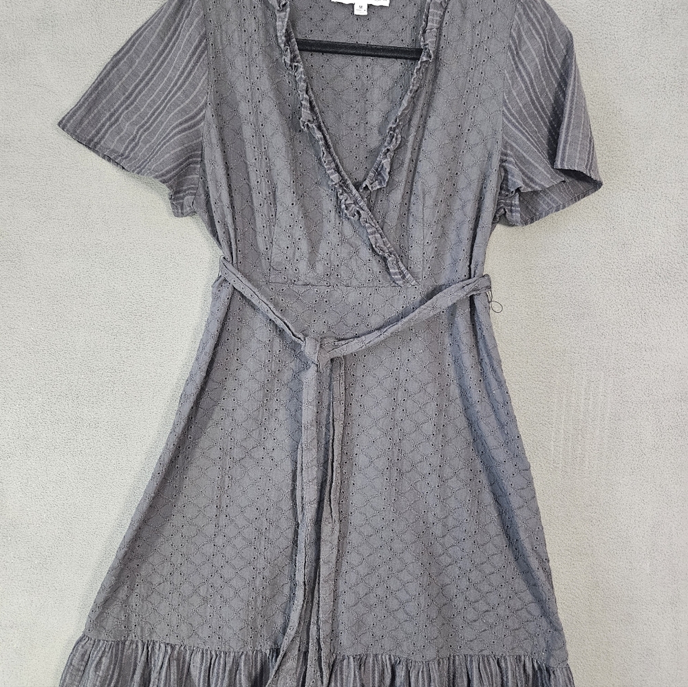 Beyond The Radar Medium Crochet Mini Dress Gray Vneck Waist Tie Cottagecore